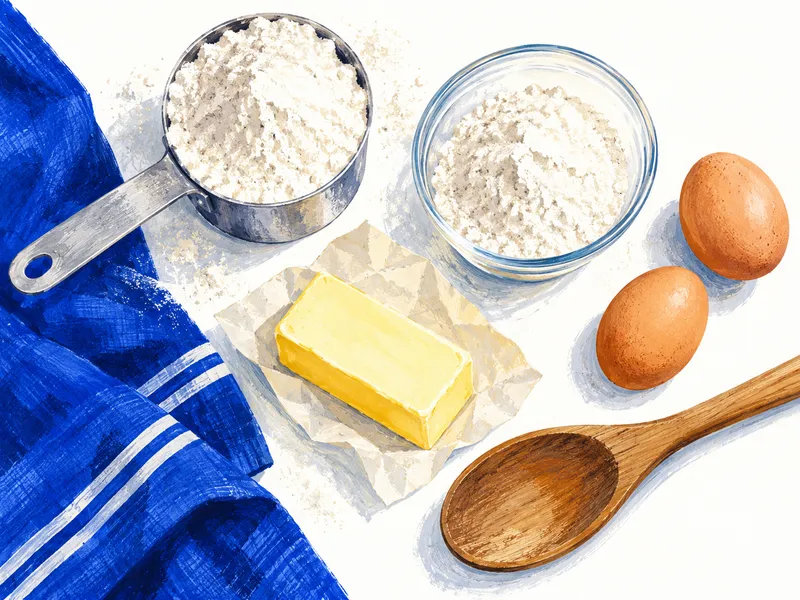 Painted illustration of flour, eggs, butter, and a wooden spoon beside a blue cloth