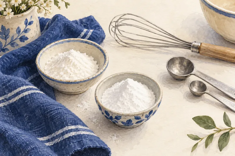 Illustration of two dishes of white powder beside measuring spoons and a whisk
