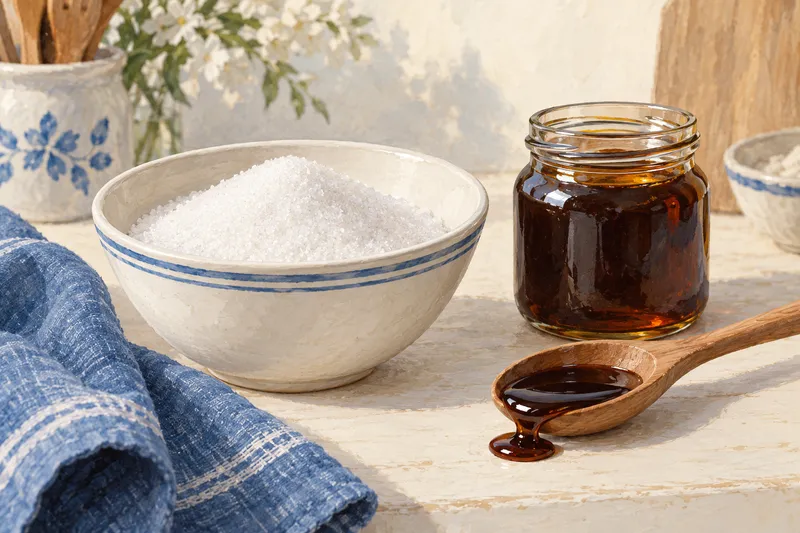 Illustration of granulated sugar, a jar of molasses, and a wooden spoon