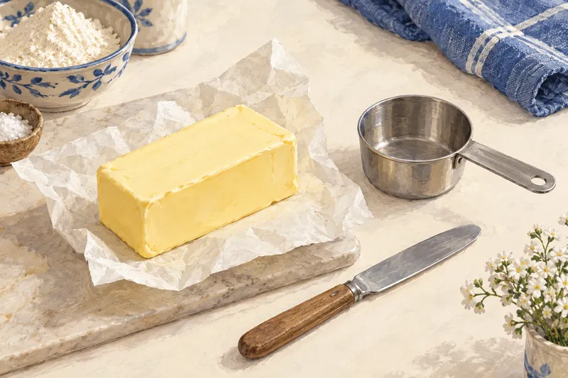 Illustration of butter on parchment beside an empty measuring cup and knife