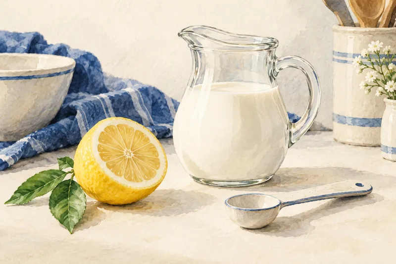 Illustration of a milk jug, lemon half, and measuring spoon