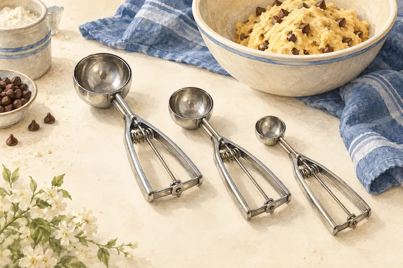 Illustration of three spring-handled scoops with differently sized bowls