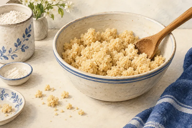 Illustration of crumbly dough in a bowl with a wooden spoon