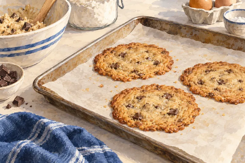 Illustration of thin cookies with irregular edges on a baking tray