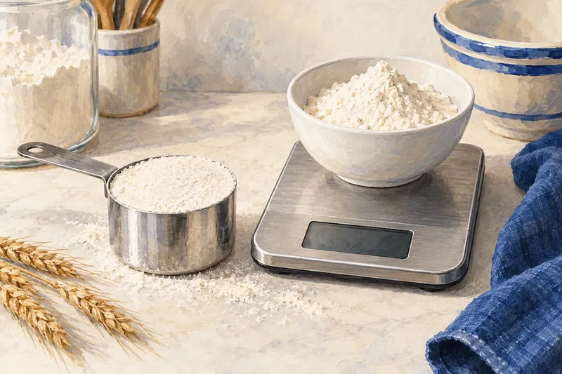Illustration of a flour-filled measuring cup beside a bowl on a kitchen scale