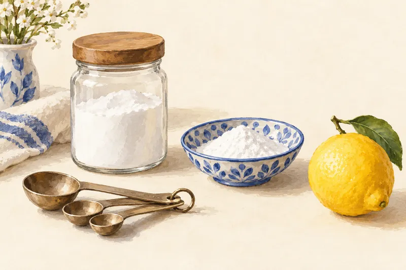 Illustration: Jar of white powder, measuring spoons, and a lemon on an ivory worktop