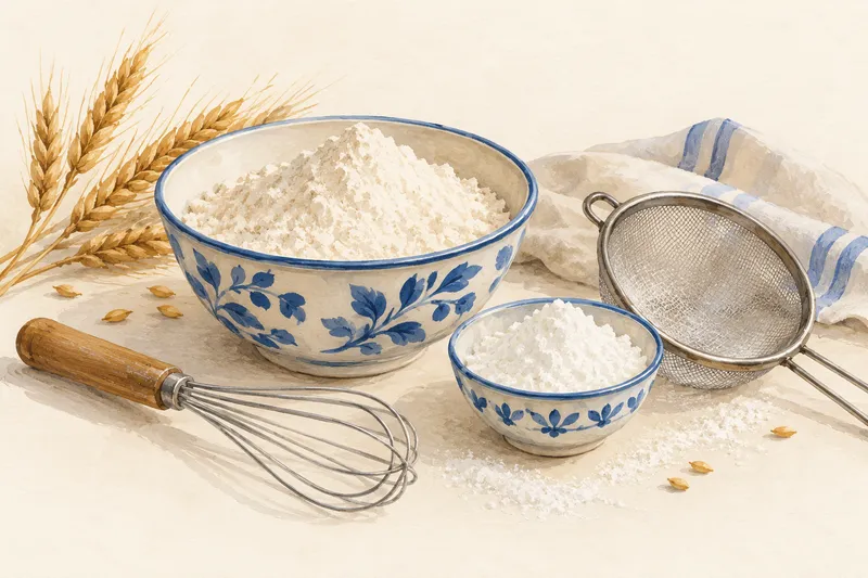 Illustration: Bowls of flour and starch beside a sieve and whisk