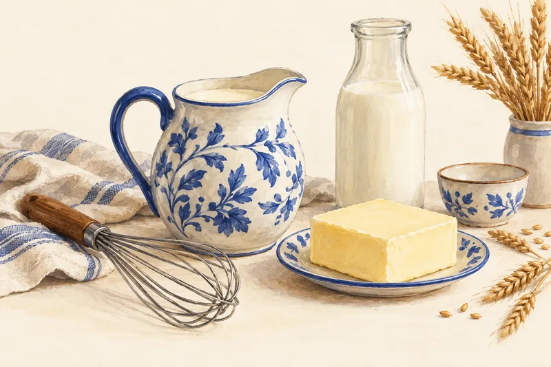 Illustration: Milk pitcher, butter, and a whisk on a blue-striped cloth