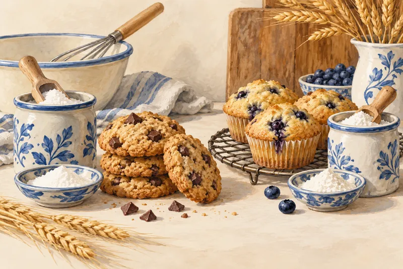 Illustration: Muffins and cookies beside small bowls of baking ingredients