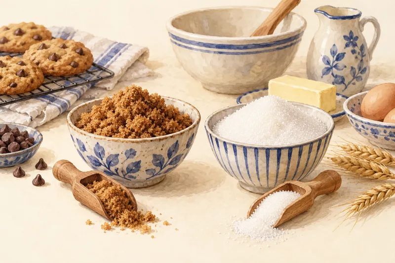 Illustration: Brown and white sugar in bowls beside cookie ingredients