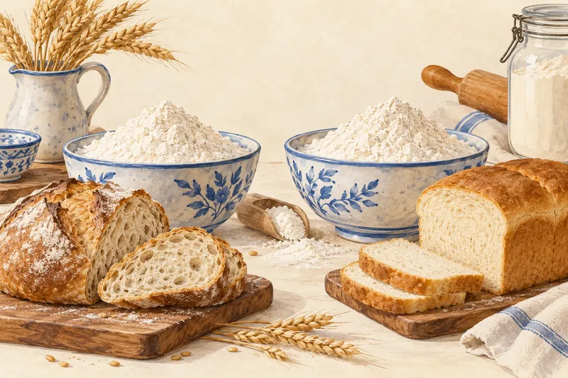 Illustration: Sliced bread and bowls of flour on a kitchen worktop