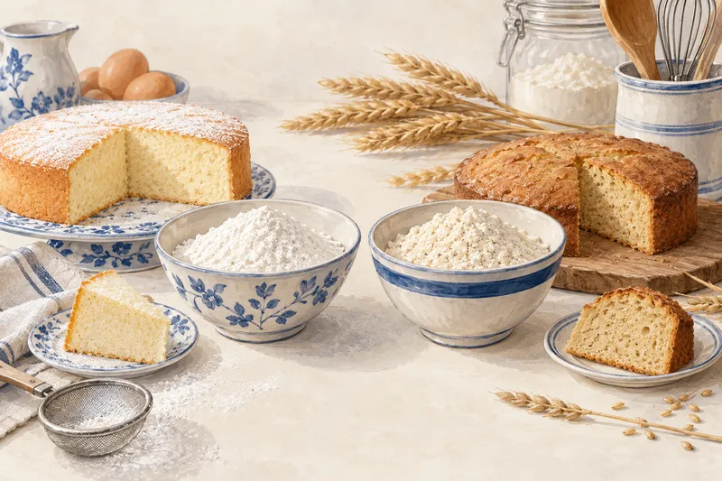 Illustration: Two cakes and bowls of flour beside a sieve