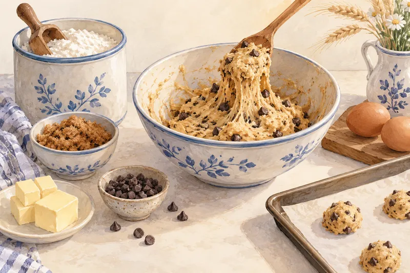 Illustration: Soft cookie dough clinging to a spoon above a mixing bowl