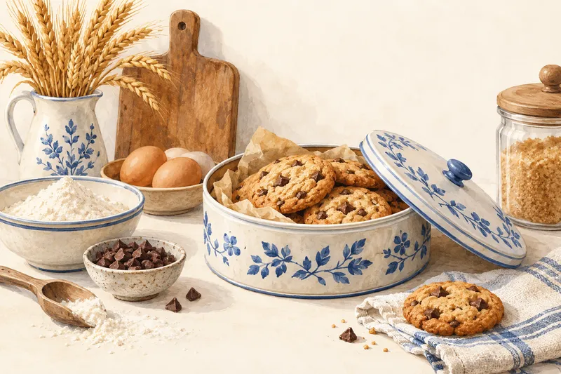 Illustration: Cookies in a covered ceramic container and on a plate