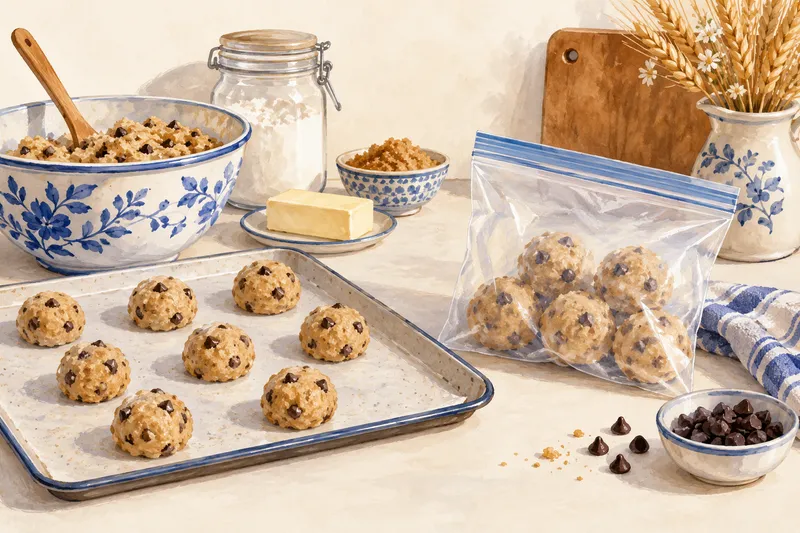 Illustration: Portioned cookie dough on a tray and in a freezer bag