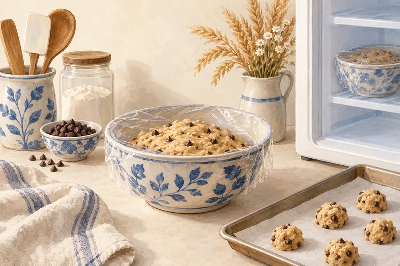 Illustration: Covered cookie dough beside an open refrigerator