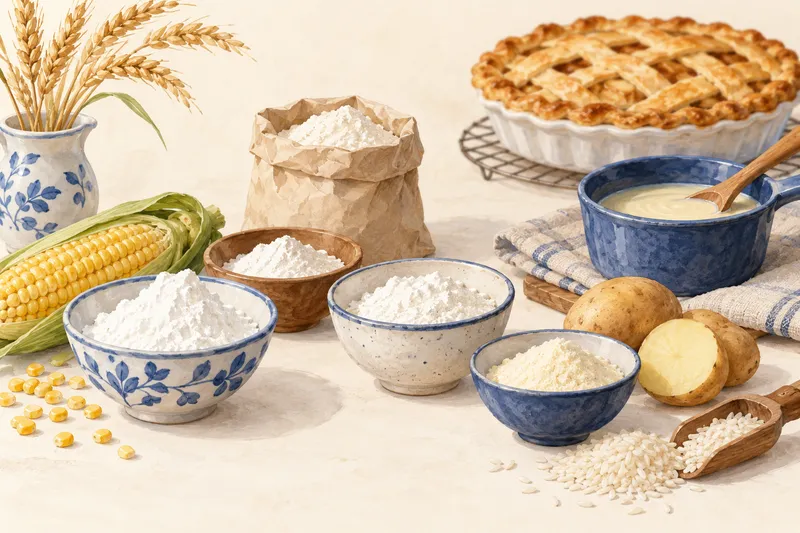 Illustration: Bowls of starches beside corn, a potato, and a pie