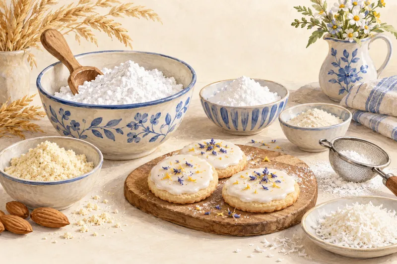 Illustration: Powdered sugar in a sieve and bowls beside iced cookies