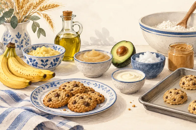 Illustration: Cookie ingredients including oil, butter, banana, and avocado