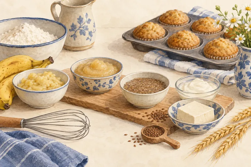 Illustration: Muffins beside banana, seeds, and bowls of potential replacement ingredients