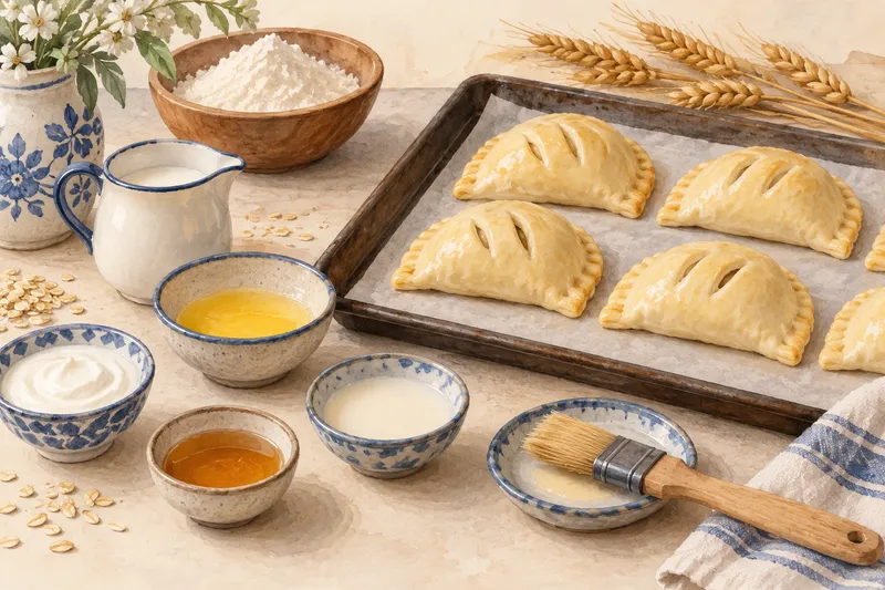 Illustration: Pastries on a tray beside a pastry brush and bowls of wash