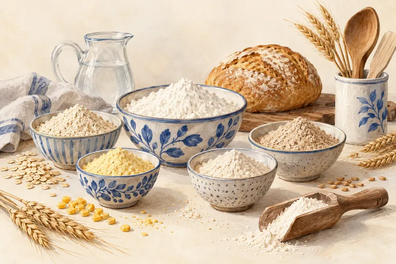 Illustration: Bowls of flour beside bread and grains