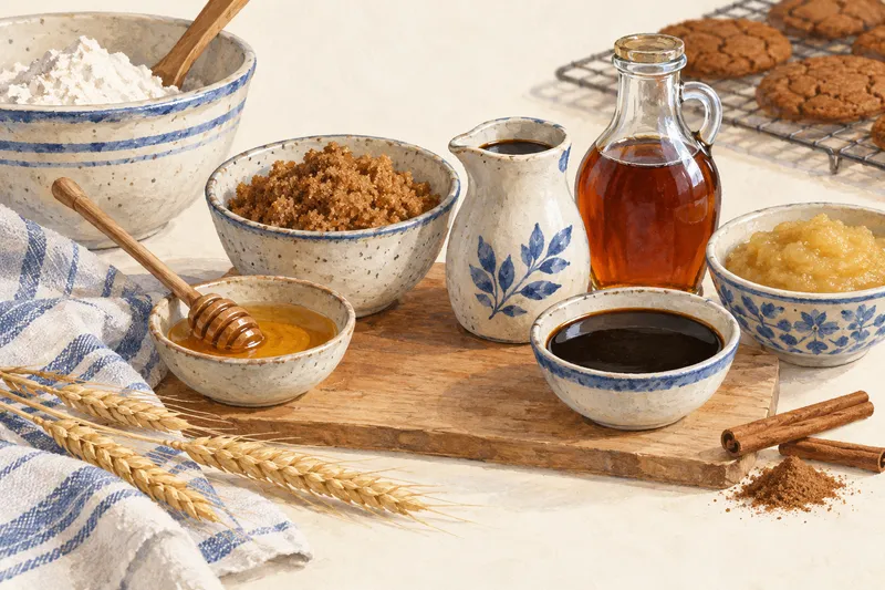 Illustration: Dark and golden syrups beside brown sugar and spices