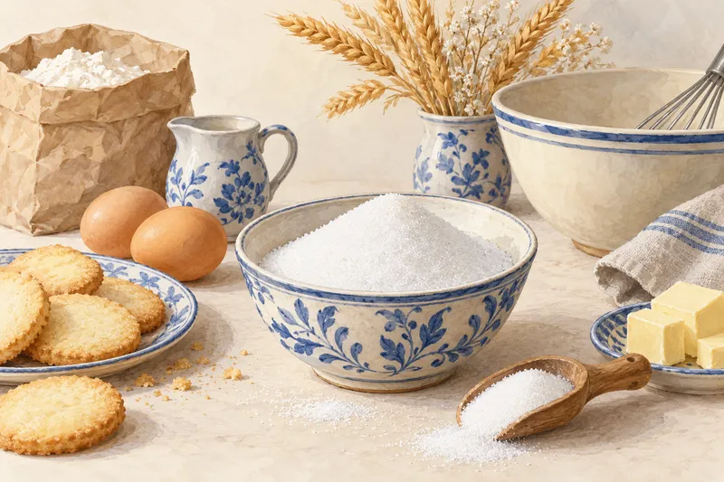 Illustration: Fine white sugar beside eggs, butter, and cookies