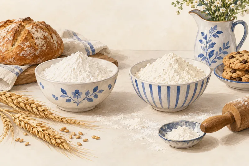 Illustration: Bowls of white flour beside bread and baking tools
