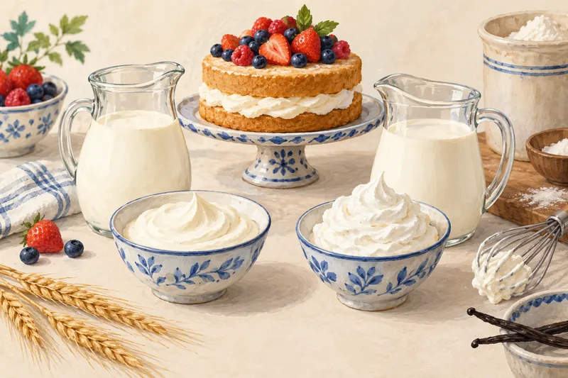 Illustration: Cream in pitchers and bowls beside a berry-topped cake