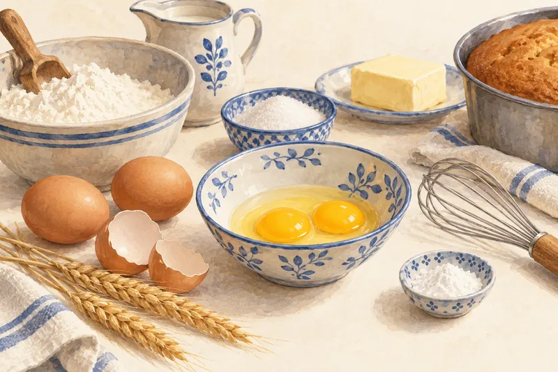 Illustration: Cracked eggs in a bowl beside butter, flour, and a whisk