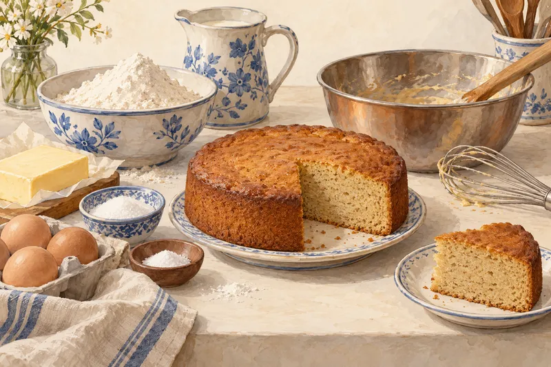 Illustration: A cut round cake with a close crumb and a plated slice