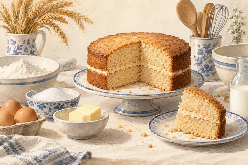Illustration: Layer cake and a slice beside baking ingredients