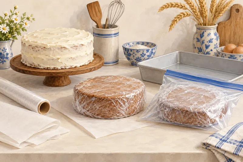 Illustration: Wrapped cake layers and a freezer bag beside a frosted cake