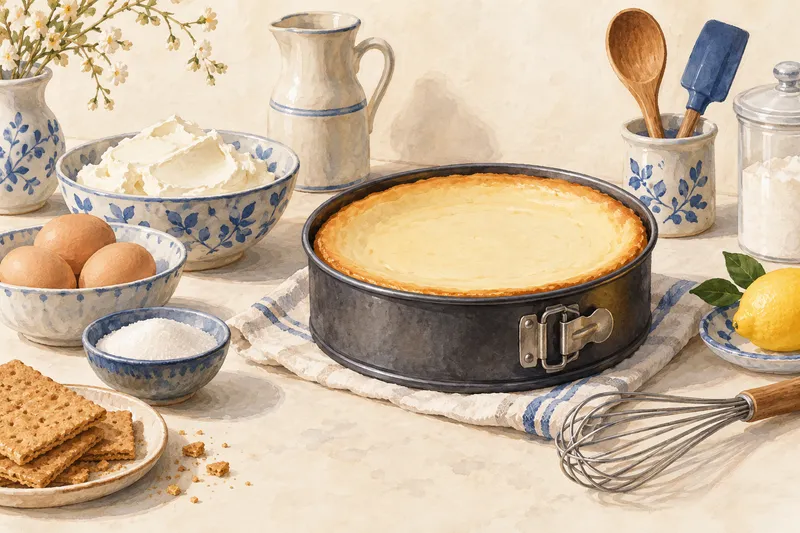 Illustration: Cheesecake in a springform pan beside a whisk