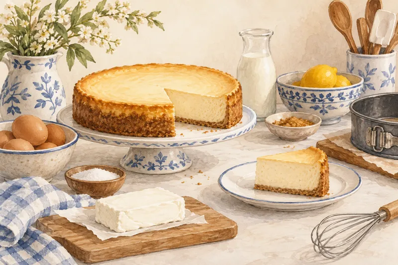 Illustration: Cheesecake with a slice removed beside cream cheese