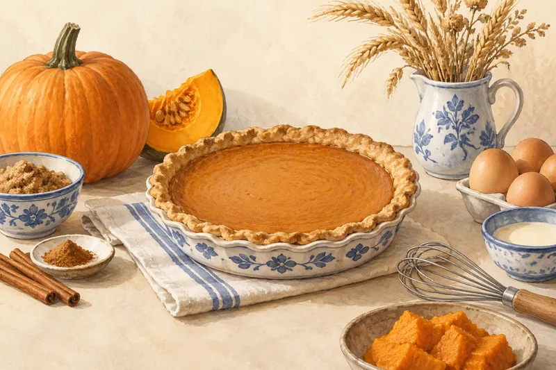 Illustration: Pumpkin pie beside a whole pumpkin and pumpkin pieces