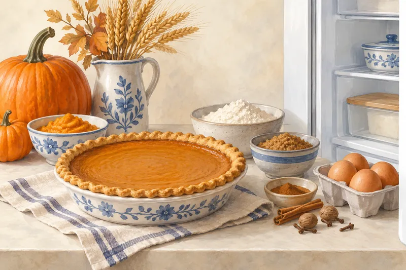 Illustration: Pumpkin pie beside an open refrigerator