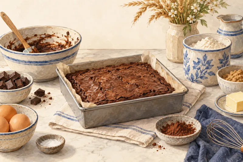 Illustration: Brownies in a square pan beside chocolate batter