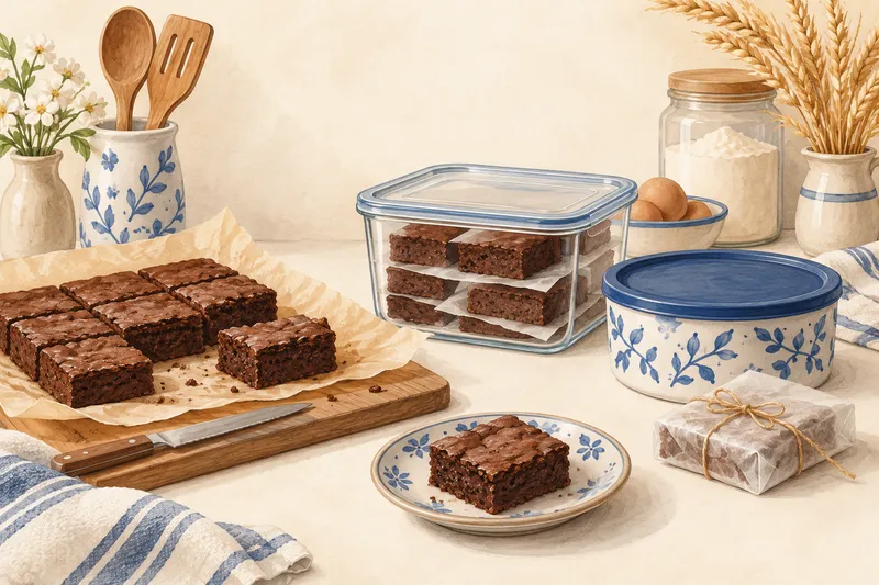 Illustration: Cut brownies on a board and in a lidded storage container