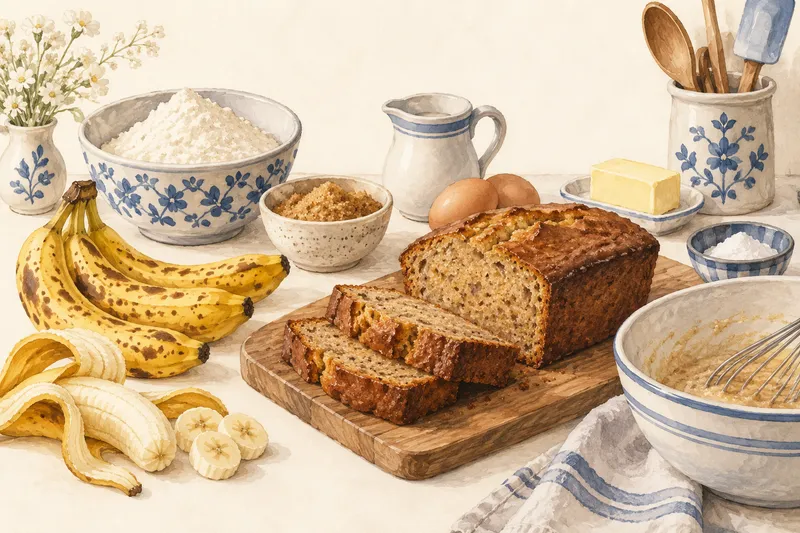 Illustration: Sliced banana bread beside bananas and walnuts