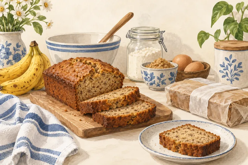 Illustration: Banana bread slices beside a wrapped loaf