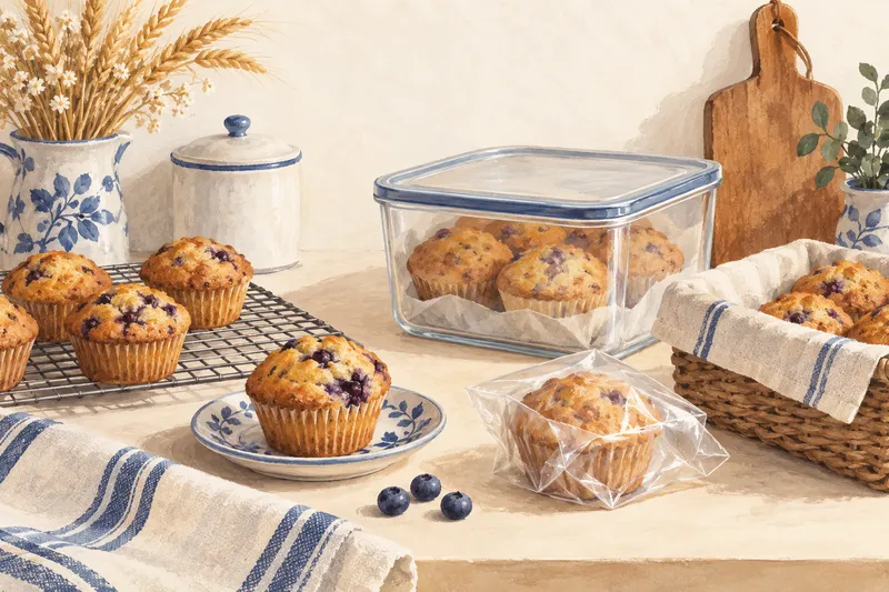Illustration: Muffins on a rack, in a container, and individually wrapped