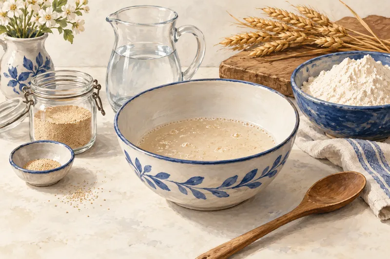 Illustration: Foamy yeast mixture in a bowl beside flour and water