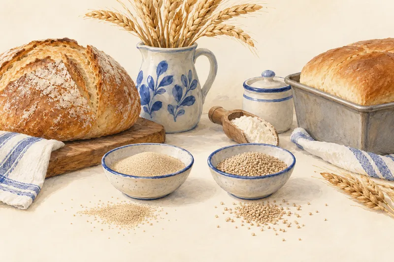 Illustration: Small bowls of yeast granules beside two loaves