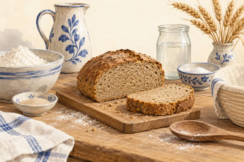 Illustration: Sliced bread with a close crumb on a wooden board