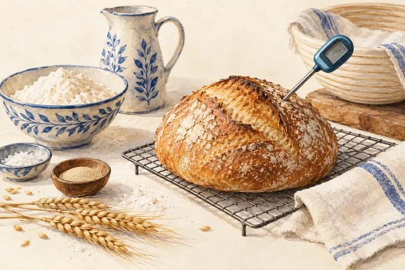 Illustration: Round bread on a cooling rack beside a digital thermometer