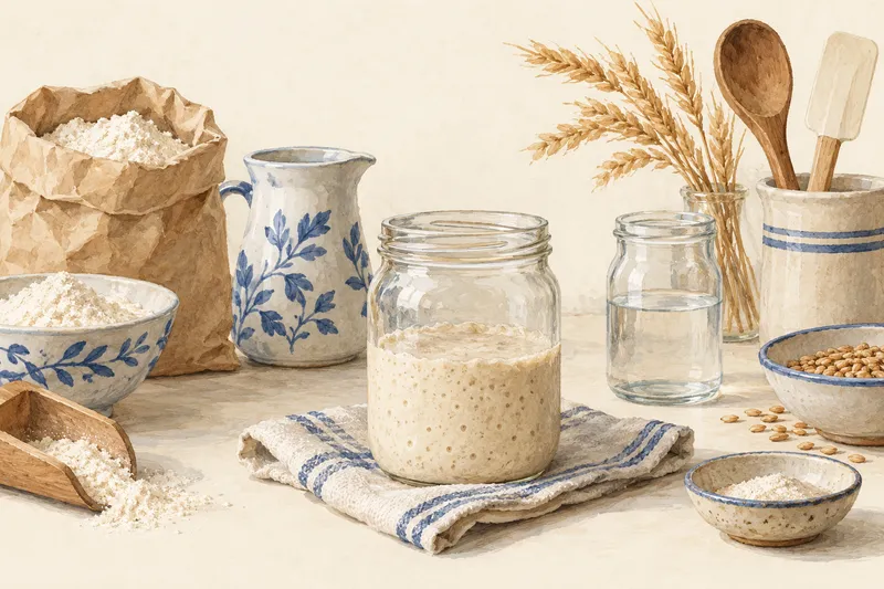 Illustration: Starter jar beside flour and a glass of water