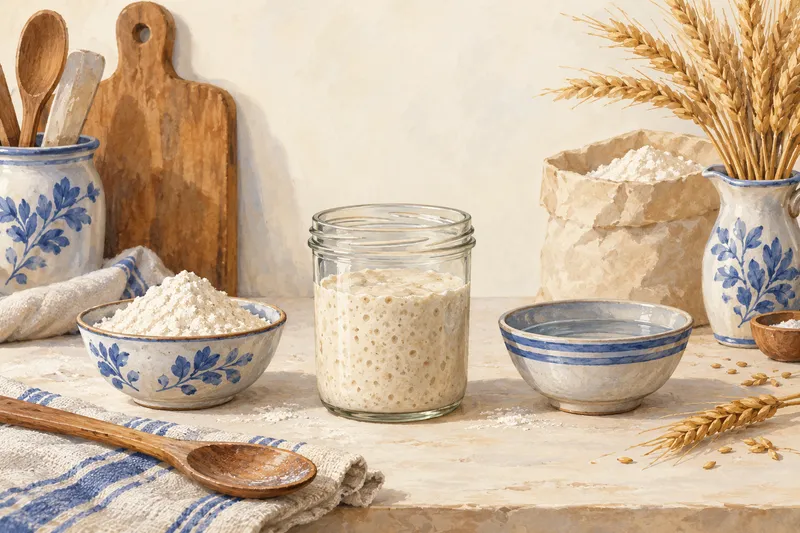 Illustration: Starter jar beside flour, water, and a wooden spoon