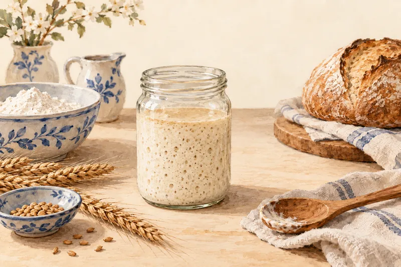 Illustration: Starter jar with a thin liquid layer beside flour and bread